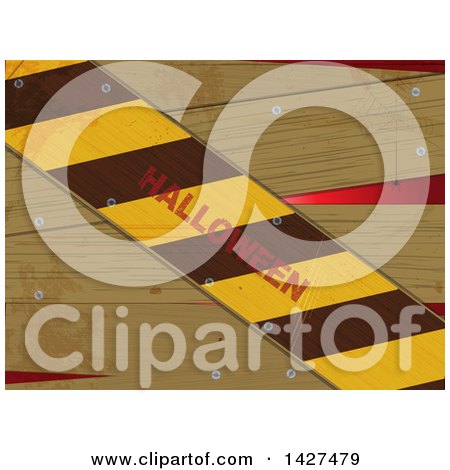 Clipart of a Diagonal Hazard Stripes Hallloween Section over Lumber with Grunge Stains and a Spider - Royalty Free Vector Illustration by elaineitalia