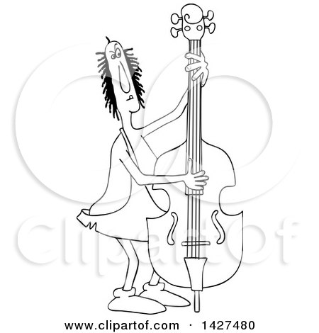 Clipart of a Cartoon Black and White Lineart Chubby Caveman Musician Playing a Bass Fiddle - Royalty Free Vector Illustration by djart
