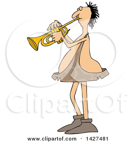 Clipart of a Cartoon Chubby Caveman Musician Playing a Trumpet - Royalty Free Vector Illustration by djart