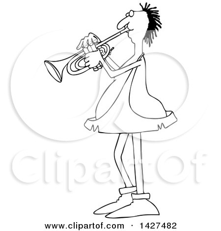 Clipart of a Cartoon Black and White Lineart Chubby Caveman Musician Playing a Trumpet - Royalty Free Vector Illustration by djart