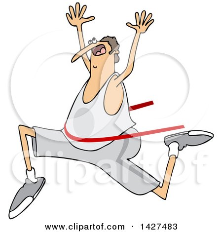 Clipart of a Cartoon Chubby Caucasian Man Running and Breaking Through a Finish Line - Royalty Free Vector Illustration by djart
