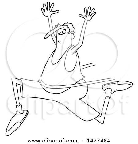 Clipart of a Cartoon Black and White Lineart Chubby Man Running and Breaking Through a Finish Line - Royalty Free Vector Illustration by djart