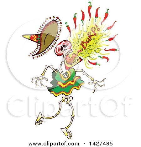 Clipart of a Cartoon Day of the Dead Mexican Skeleton Burping Hot Chili Peppers - Royalty Free Vector Illustration by Zooco