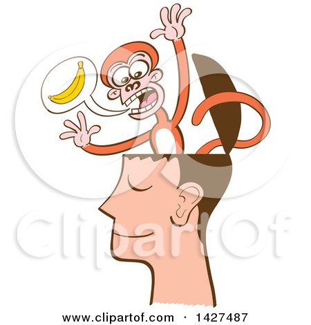 Clipart of a Cartoon Mind Monkey in a Man's Head, Screaming About Bananas - Royalty Free Vector Illustration by Zooco