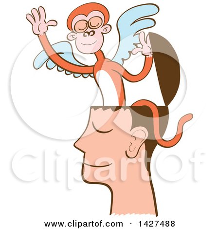 Clipart of a Cartoon Mind Monkey in a Man's Head, Flying Away - Royalty Free Vector Illustration by Zooco