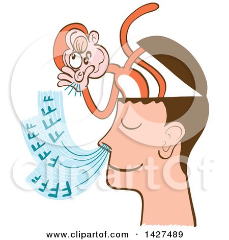 Clipart of a Cartoon Mind Monkey in a Man's Head, Listening to His Breathing - Royalty Free Vector Illustration by Zooco