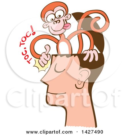 Clipart of a Cartoon Mind Monkey Knocking on a Man's Head - Royalty Free Vector Illustration by Zooco