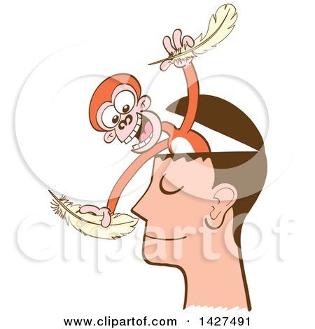 Clipart of a Cartoon Mind Monkey in a Man's Head, Tickling His Nose with Feathers - Royalty Free Vector Illustration by Zooco
