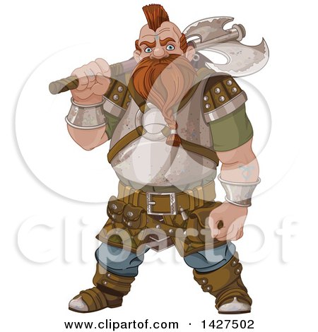 Clipart of a Tough Angry Dwarf Man Warrior Holding an Axe over His Shoulder - Royalty Free Vector Illustration by Pushkin