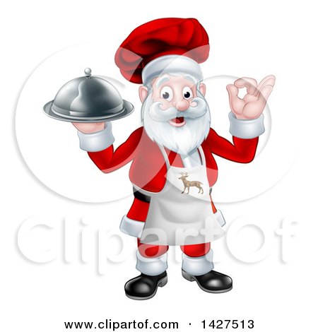 Clipart of a Cartoon Happy Christmas Santa Claus Gesturing Ok, Wearing a Reindeer Apron and Holding a Food Cloche Platter - Royalty Free Vector Illustration by AtStockIllustration