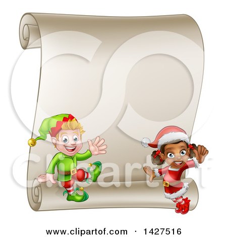 Clipart of Happy Christmas Elves by a Blank Scroll Sign - Royalty Free Vector Illustration by AtStockIllustration