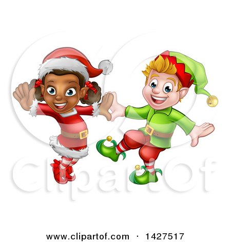 Clipart of Happy Christmas Elves Dancing - Royalty Free Vector Illustration by AtStockIllustration