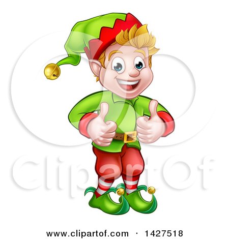 Clipart of a Happy Caucasian Male Christmas Elf Giving Two Thumbs up - Royalty Free Vector Illustration by AtStockIllustration