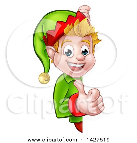 Clipart of a Happy Caucasian Male Christmas Elf Giving a Thumb up Around a Sign - Royalty Free Vector Illustration by AtStockIllustration