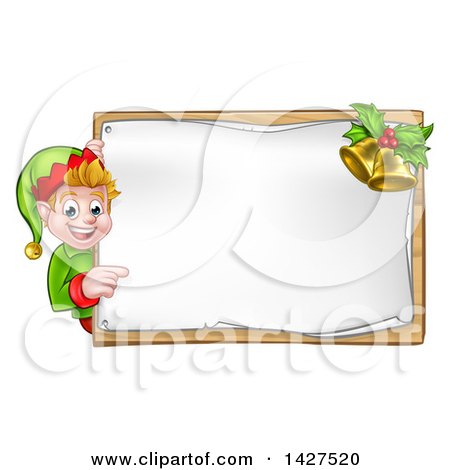 Clipart of a Happy Caucasian Male Christmas Elf Pointing Aorund a Blank Sign with Bells - Royalty Free Vector Illustration by AtStockIllustration