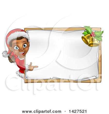 Clipart of a Happy Black Female Christmas Elf Pointing Around a Blank Sign - Royalty Free Vector Illustration by AtStockIllustration