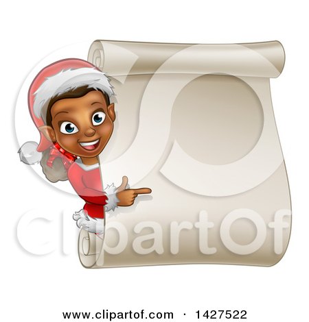 Clipart of a Happy Black Female Christmas Elf Pointing Around a Blank Scroll Sign - Royalty Free Vector Illustration by AtStockIllustration