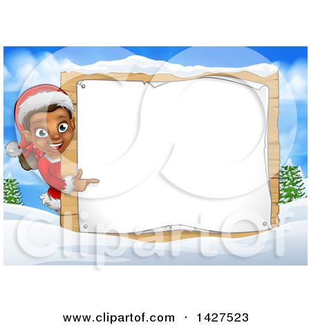 Clipart of a Happy Black Female Christmas Elf Pointing Around a Blank Sign in a Winter Landscape - Royalty Free Vector Illustration by AtStockIllustration