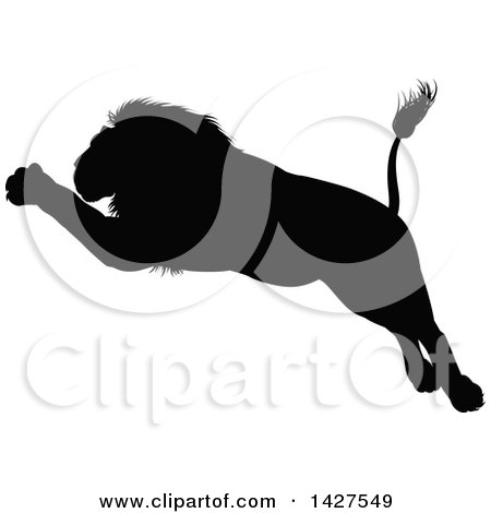 Clipart of a Black Silhouetted Male Lion Leaping - Royalty Free Vector Illustration by AtStockIllustration