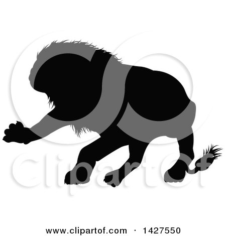Clipart of a Black Silhouetted Male Lion Attacking - Royalty Free Vector Illustration by AtStockIllustration