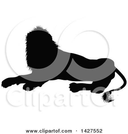 Clipart of a Black Silhouetted Male Lion Resting - Royalty Free Vector Illustration by AtStockIllustration