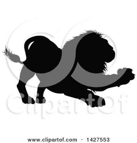Clipart of a Black Silhouetted Male Lion Clawing - Royalty Free Vector Illustration by AtStockIllustration