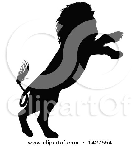 Clipart of a Black Silhouetted Male Lion Rearing and Attacking - Royalty Free Vector Illustration by AtStockIllustration