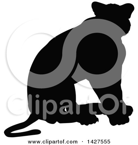 Clipart of a Black Silhouetted Lioness Sitting - Royalty Free Vector Illustration by AtStockIllustration