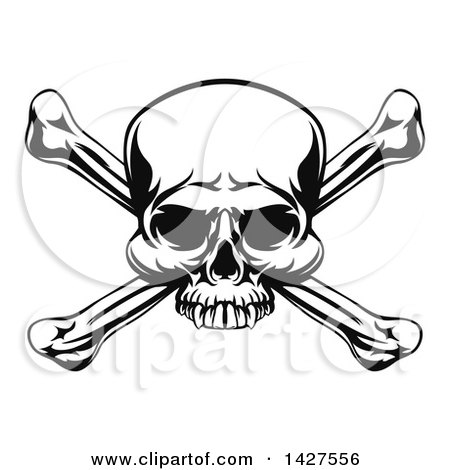 Clipart of a Black and White Pirate Skull and Crossbones - Royalty Free Vector Illustration by AtStockIllustration