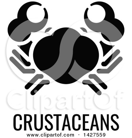 Clipart of a Black and White Food Allergen Icon of a Crab over Crustaceans Text - Royalty Free Vector Illustration by AtStockIllustration