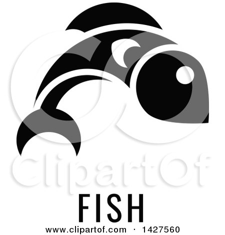 Clipart of a Black and White Food Allergen Icon of a Fish over Text - Royalty Free Vector Illustration by AtStockIllustration