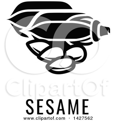 Clipart of a Black and White Food Allergen Icon of Seeds over Sesame Text - Royalty Free Vector Illustration by AtStockIllustration