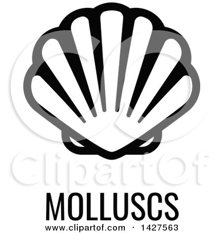 Clipart of a Black and White Food Allergen Icon of a Shell over Molluscs Text - Royalty Free Vector Illustration by AtStockIllustration