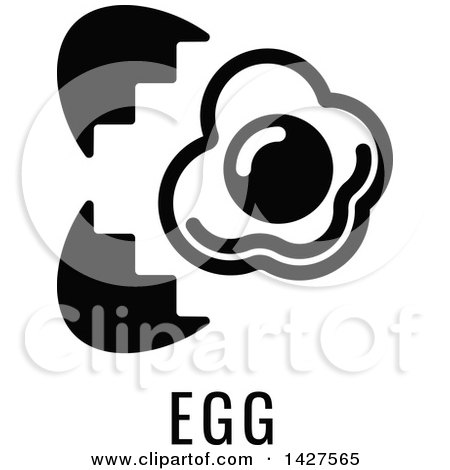 Clipart of a Black and White Food Allergen Icon of an Egg over Text - Royalty Free Vector Illustration by AtStockIllustration