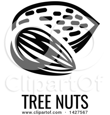 Clipart of a Black and White Food Allergen Icon of Tree Nuts over Text - Royalty Free Vector Illustration by AtStockIllustration
