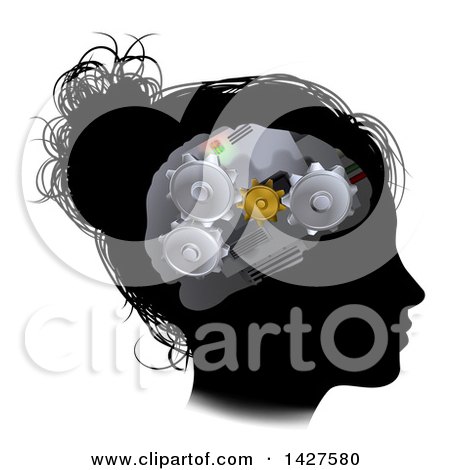 Clipart of a Black Silhouetted Woman's Head in Profile with a Gear Brain - Royalty Free Vector Illustration by AtStockIllustration