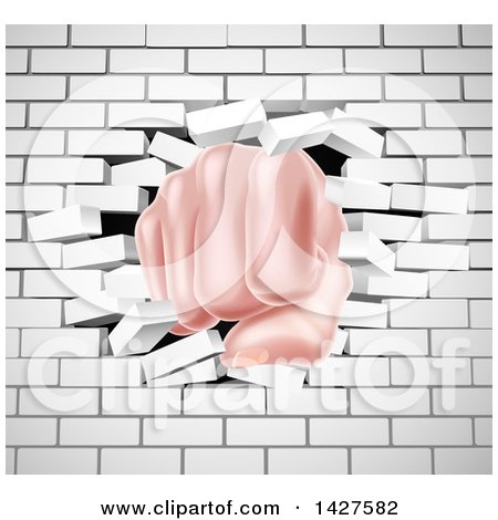 Clipart of a Caucasian Fist Punching Through a 3d White Brick Wall - Royalty Free Vector Illustration by AtStockIllustration