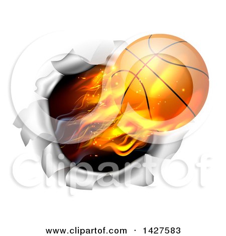 Clipart of a 3d Flying and Blazing Basketball with a Trail of Flames, Breaking Through a Wall - Royalty Free Vector Illustration by AtStockIllustration