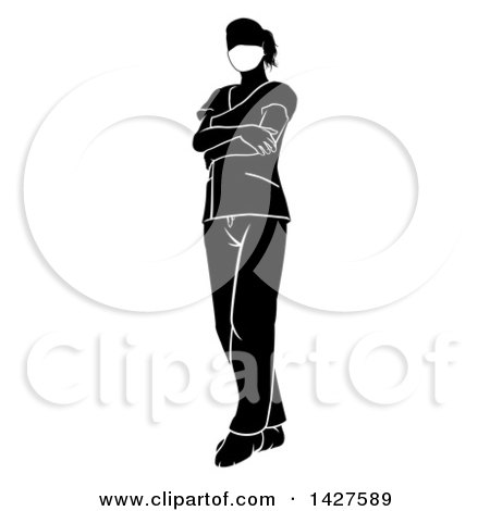 Clipart of a Black and White Silhouetted Female Nurse, Doctor or Surgeon in Scrubs, Standing with Folded Arms - Royalty Free Vector Illustration by AtStockIllustration
