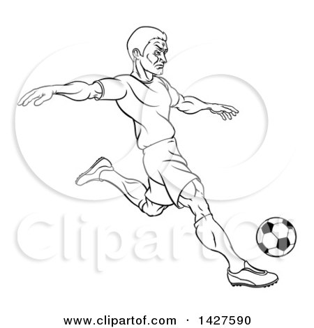 Clipart of a Black and White Lineart Male Soccer Football Player Kicking a Ball - Royalty Free Vector Illustration by AtStockIllustration