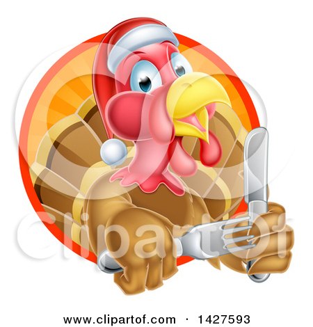 Clipart of a Christmas Turkey Bird Wearing a Santa Hat and Holding Silverware, Emerging from a Sunny Circle - Royalty Free Vector Illustration by AtStockIllustration