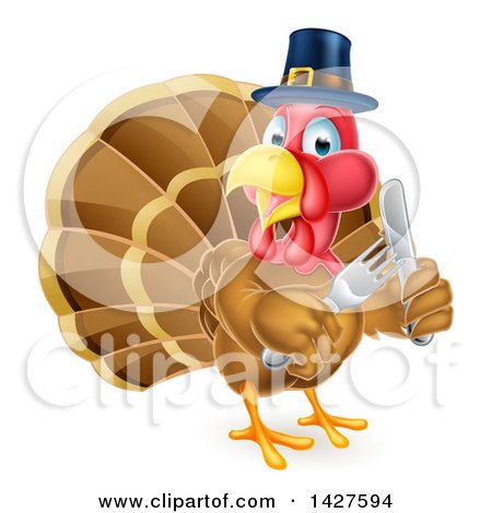 Clipart of a Hungry Thanksgiving Turkey Bird Wearing a Pilgrim Hat and Holding Silverware - Royalty Free Vector Illustration by AtStockIllustration