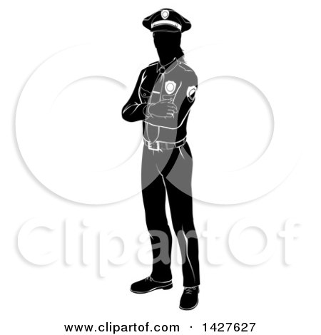 Clipart of a Black and White Silhouetted Standing Female Police Officer with Folded Arms - Royalty Free Vector Illustration by AtStockIllustration