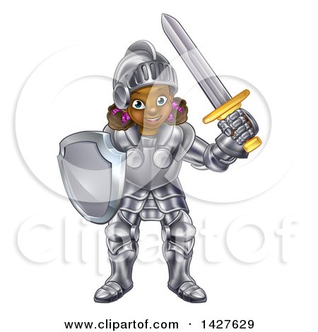Clipart of a Happy Black Girl in Full Knight Armour, Holding a Shield and Sword - Royalty Free Vector Illustration by AtStockIllustration