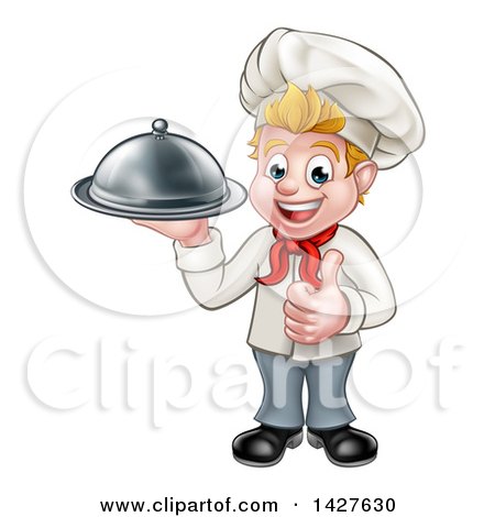 Clipart of a Happy Young Blond White Male Chef Holding a Cloche Platter and Giving a Thumb up - Royalty Free Vector Illustration by AtStockIllustration