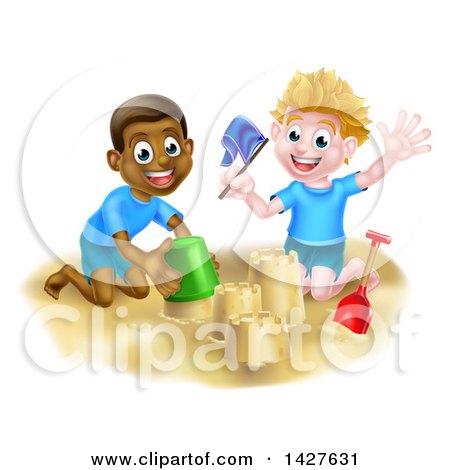 Clipart of a Happy White and Black Boys Playing and Making a Sand Castle on a Beach - Royalty Free Vector Illustration by AtStockIllustration