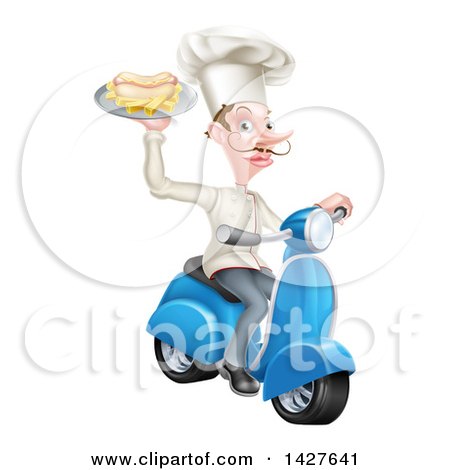 Clipart of a White Male French Chef with a Curling Mustache, Holding a Hot Dog and Fries on a Tray and Driving a Scooter - Royalty Free Vector Illustration by AtStockIllustration