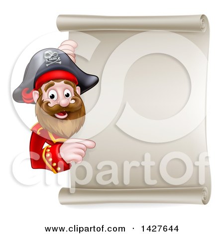 Clipart of a Cartoon Happy Male Pirate Captain Pointing Around a Blank Scroll Sign - Royalty Free Vector Illustration by AtStockIllustration