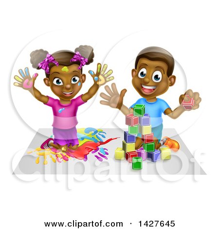 Clipart of a Cartoon Happy Black Girl and Boy Kneeling and Finger Painting and Playing with Blocks - Royalty Free Vector Illustration by AtStockIllustration