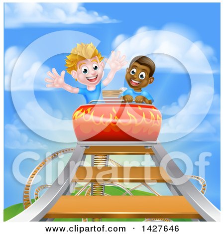 Clipart of Happy White and Black Boys at the Top of a Roller Coaster Ride, Against a Blue Sky with Clouds - Royalty Free Vector Illustration by AtStockIllustration